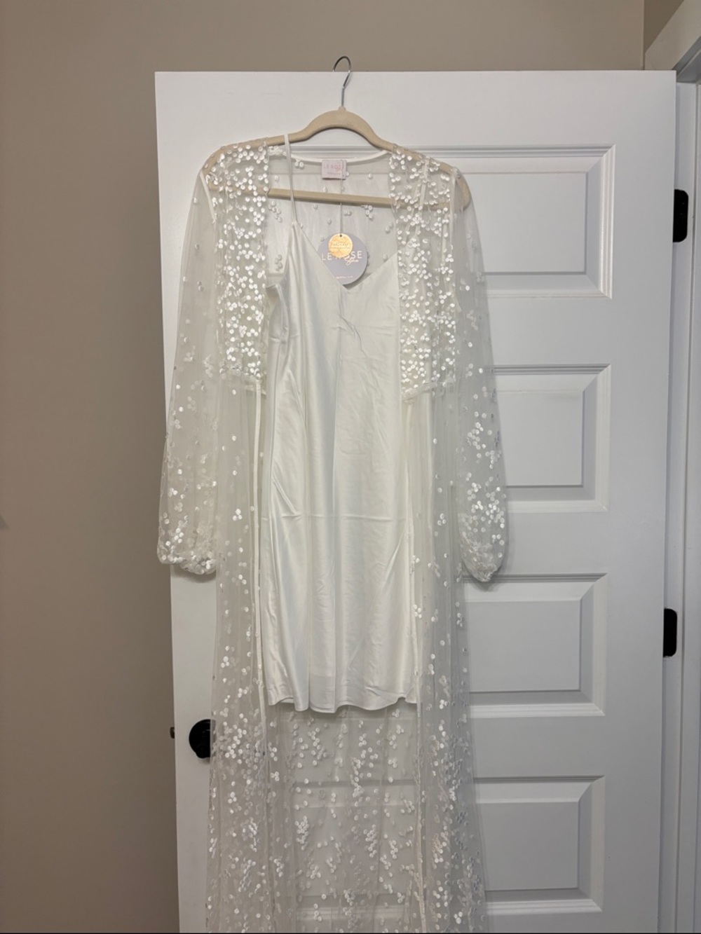 Sheer Embellished Long Robe with Slip - White